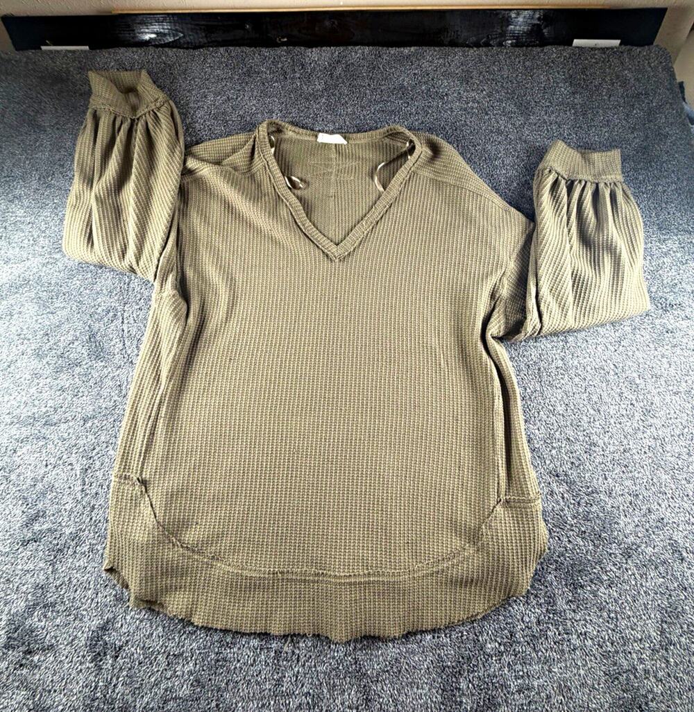 Altard State Womens Olive Green Waffle Knit V-Neck Top Long Sleeve L Minimalist